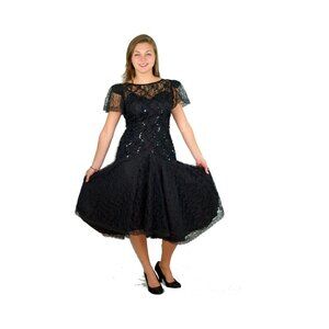 1980s black lace party dress fit and flare